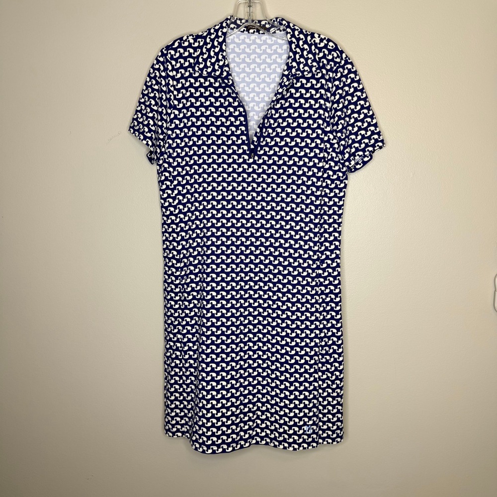 J.McLaughlin Blue White Geometric Catalina Cloth Zip Polo Dress Large
